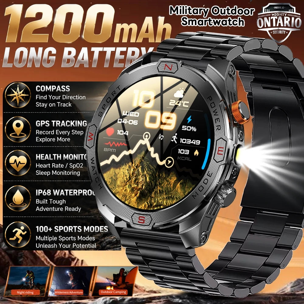 Military Grade 1200 mAh Battery Smart Watch Men LED Flashlight Outdoor Sports Fitness Tracker Compass Bluetooth Call Smartwatch