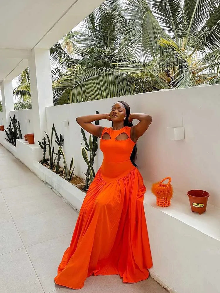 Women's Hollow Out Knitted Maxi Beautiful Orange Elegant Party Dress