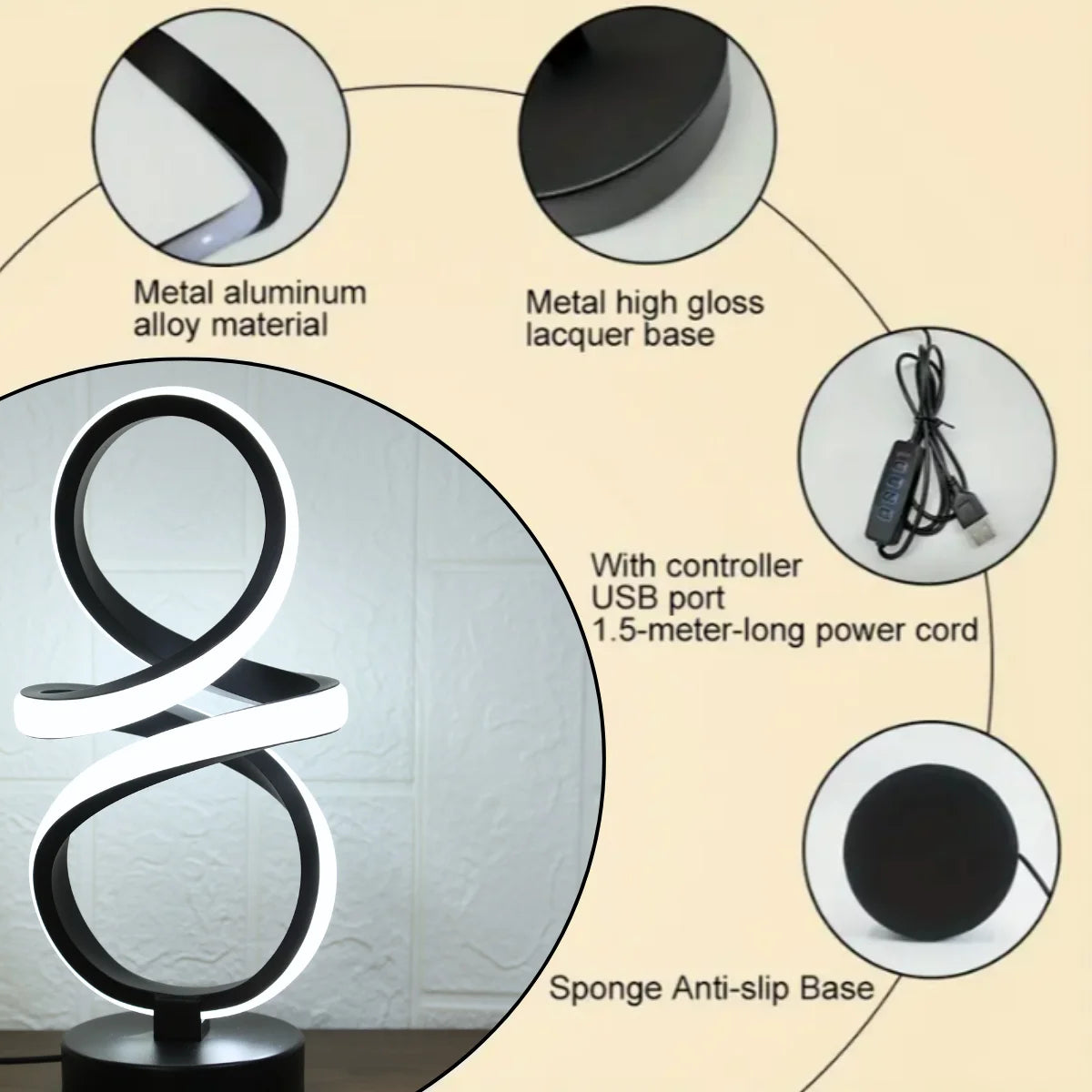 Creative spiral LED table lamp, adjustable in 3 colors, USB power supply, suitable for home bedrooms, offices, and study rooms