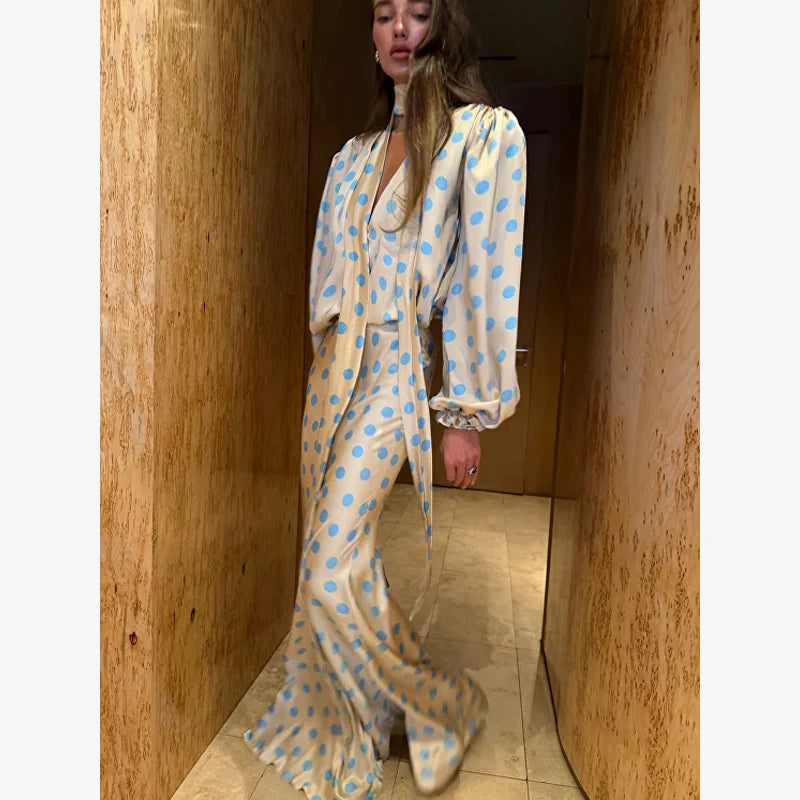Polka Dot Skirt 2 Piece Set Women Casual High Collar Tie Full Sleeves Elastic High Waist Long Skirt Suit Lady Daily Outfit New