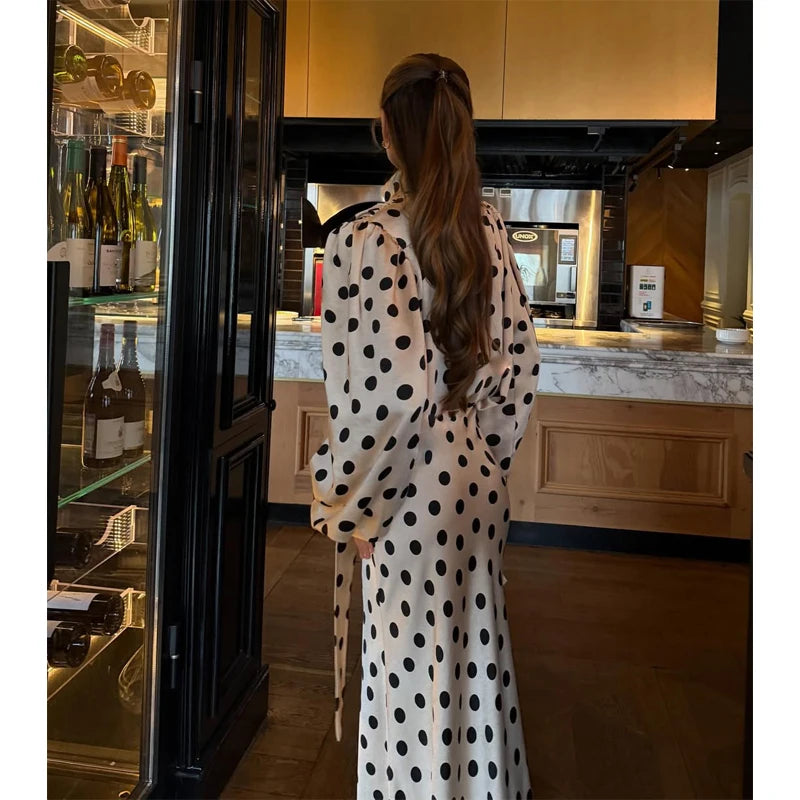 Polka Dot Skirt 2 Piece Set Women Casual High Collar Tie Full Sleeves Elastic High Waist Long Skirt Suit Lady Daily Outfit New