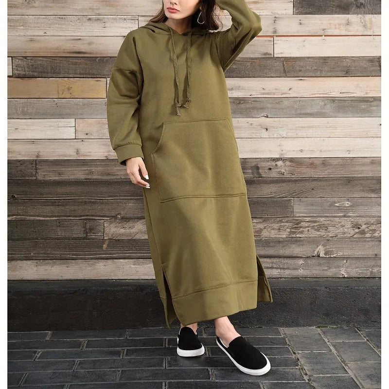 Women's Hoodie Midi Dress | Lace-Up Hem Casual Sweatshirt Long Dress | HotTrendyPicks