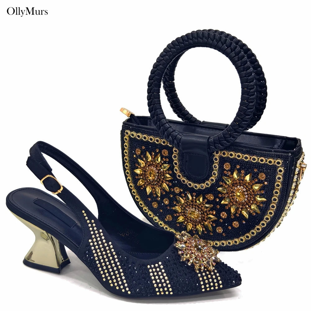 Italian Fashion Rhinestone Women Sanada Shoes And Bag Set Summer Style Woman Pumps Shoes And Bag Matching Set For Party