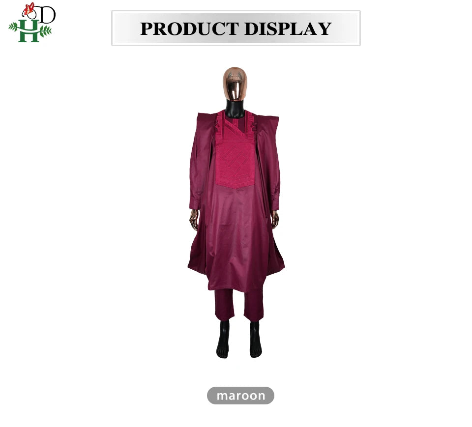 African Dresses For Couple Burgundy Traditional Men 3PCS Embroidered Outfit Set Sequin Floral Mermaid Robe Wedding Party Dress