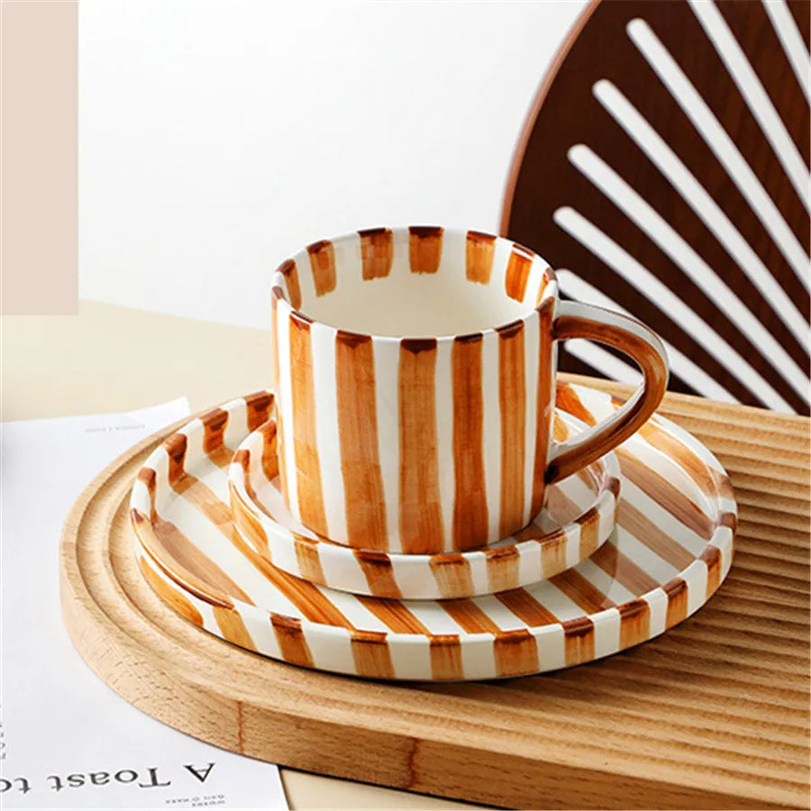 Minimalist Striped Ceramic Cup & Plate Set | 280ml Coffee Tea Cup |