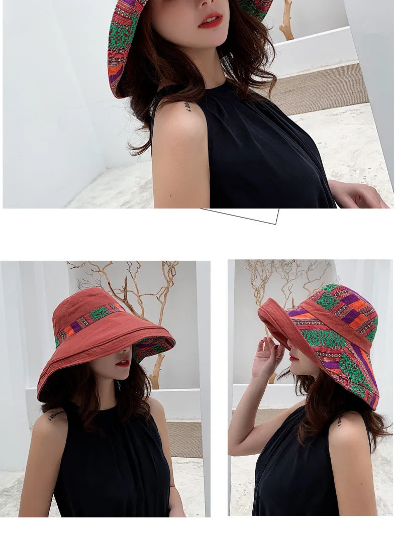 Hat Women's Summer Big Edge Double-Sided Sunshade Bucket Hat Korean Version Versatile Ethnic Style Travel Sun Protection Cap
