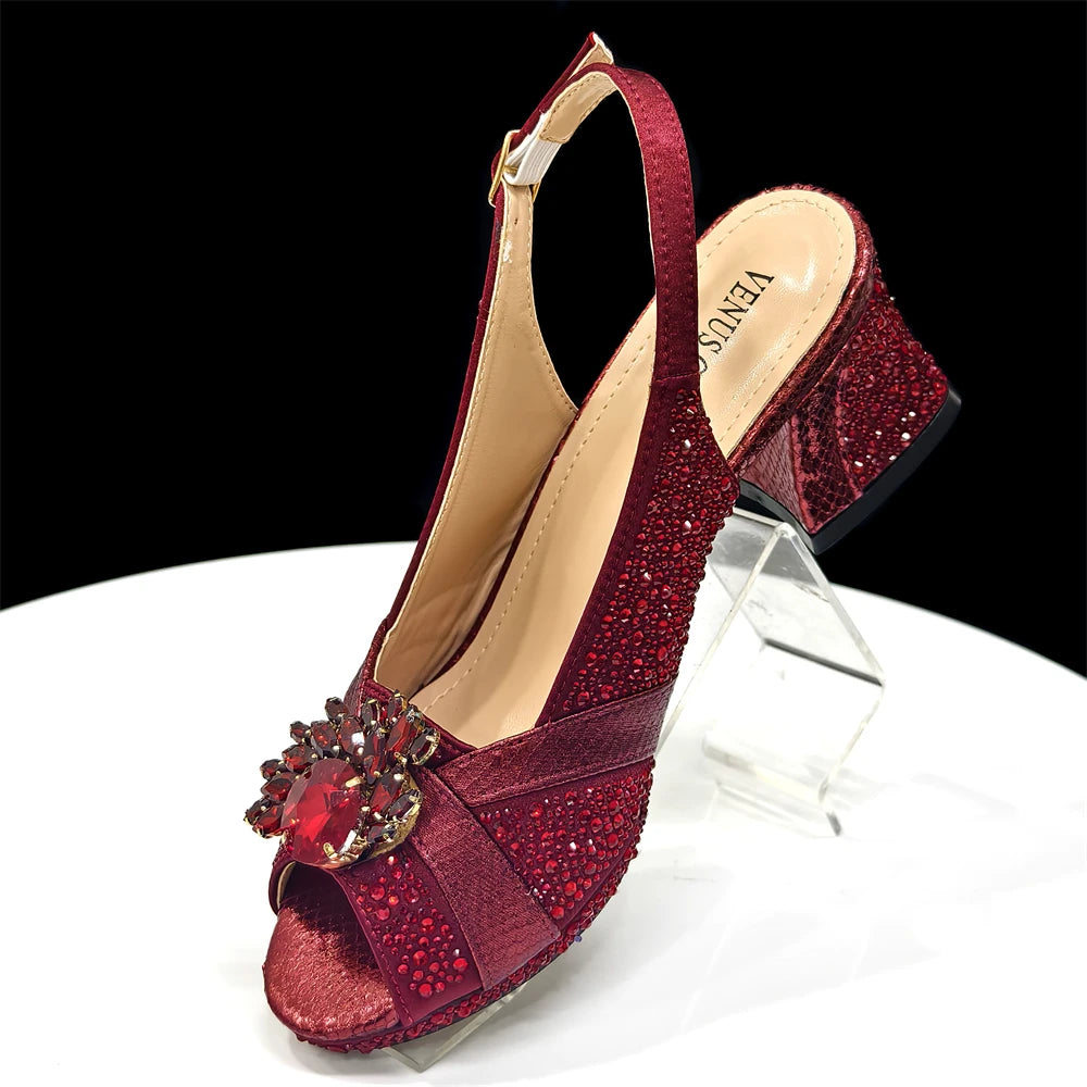 Elegant Women's Peep-Toe Heels and Matching Wine Color Diamond Pumps Set - Stylish Italian Shoes and Bags for Parties