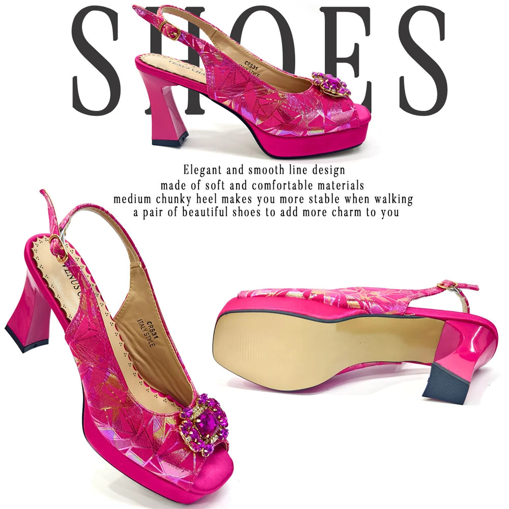 Elegant Women Heels for Peep Toe Good Material Design Rhinestone Fuchsia Sandals Italian Shoes and Bags