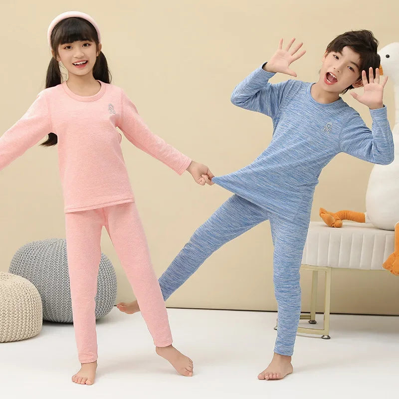 Boys Thermal Fleece Thermal Underwear 37°C Constant Temperature Warm Two-Piece Winter Pajamas Set Unisex Kids Long Johns for Ages 7-13
