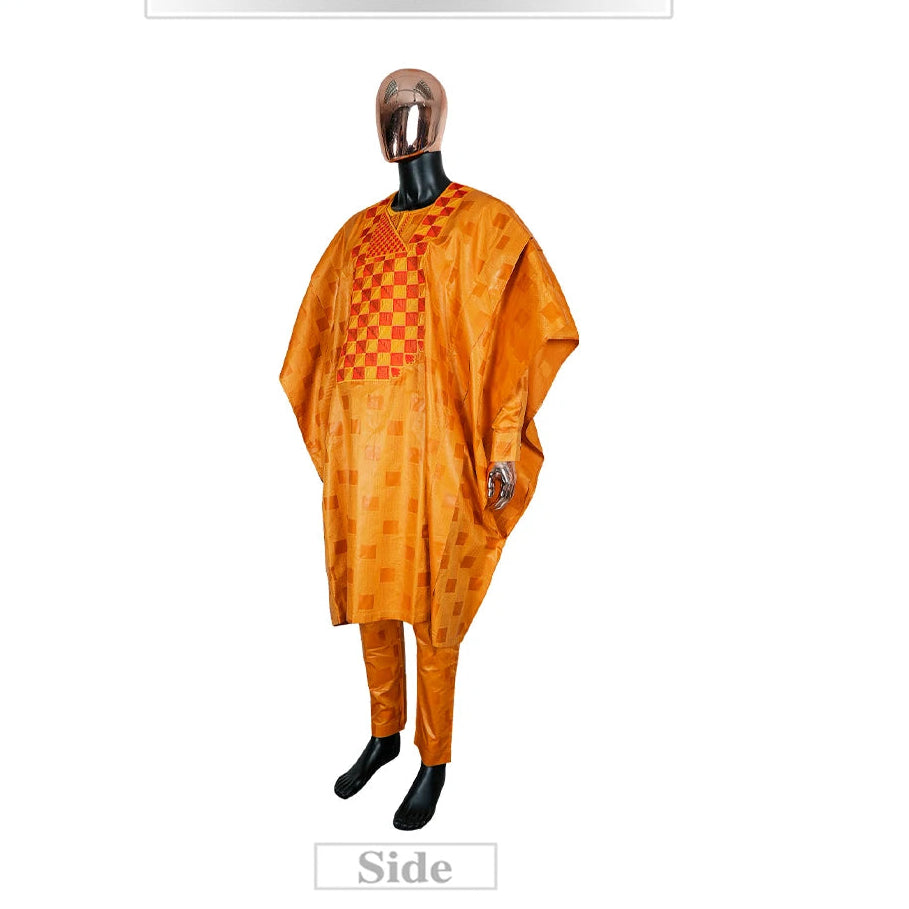 African Men's Traditional Agbada Sets 3PCS Yellow Bazin Riche Embroidery Wedding Party Couple Suits boubou