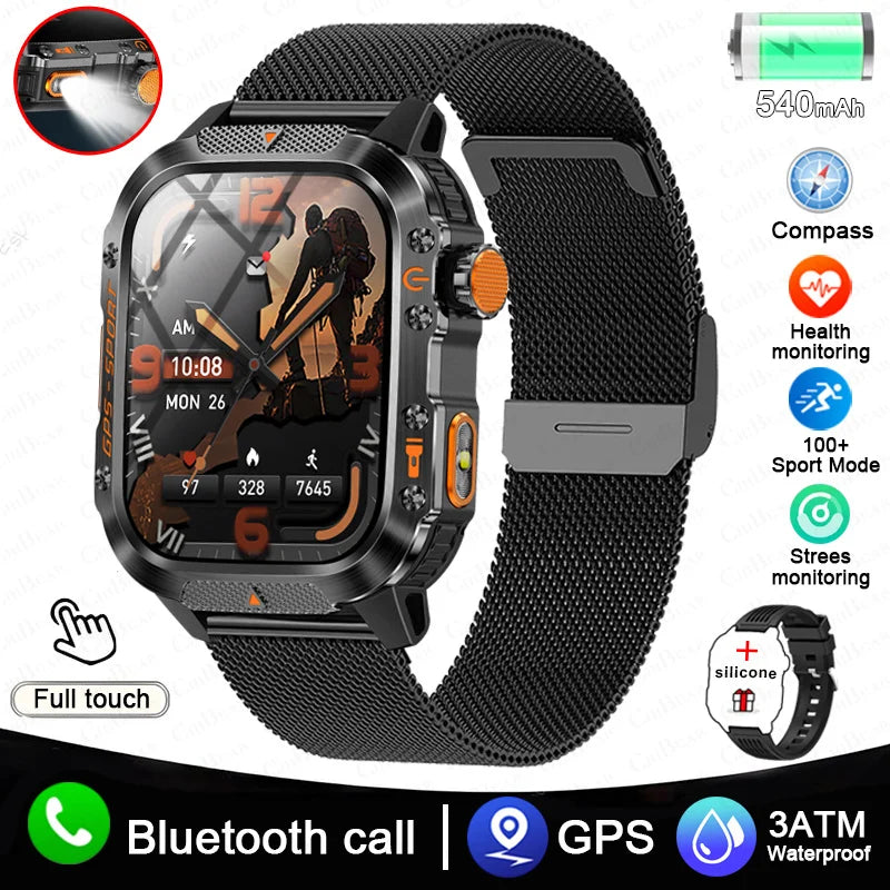Military GPS Smartwatch Men | 2.01" AMOLED Flashlight Bluetooth 3ATM Waterproof