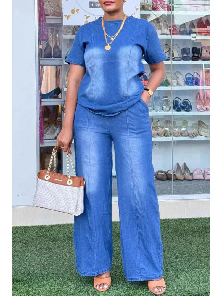 Women's Denim 2-Piece Set | Wide Leg Pants & Short Sleeve Top Streetwear | HotTrendyPicks
