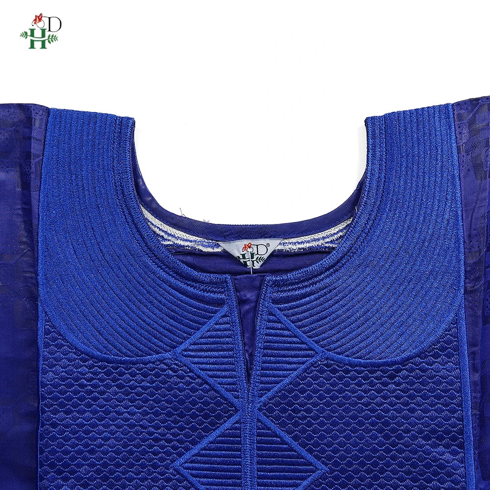 Men's African Traditional 3PCS Outfit  Blue Bazin Riche Agbada Embroidered Robe