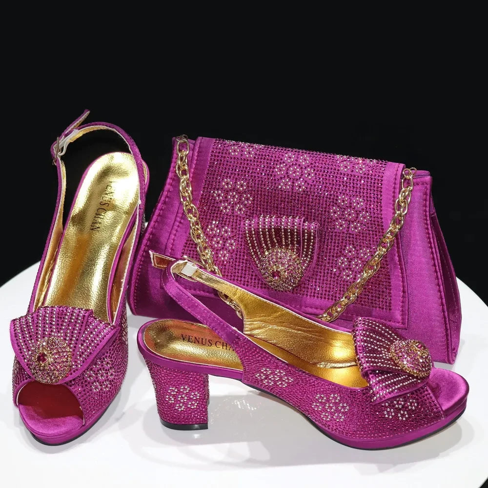 Italian Design Girly Style Golden Color Wedding Shoes And Bag Full Diamond Decoration Metal Closure Bags