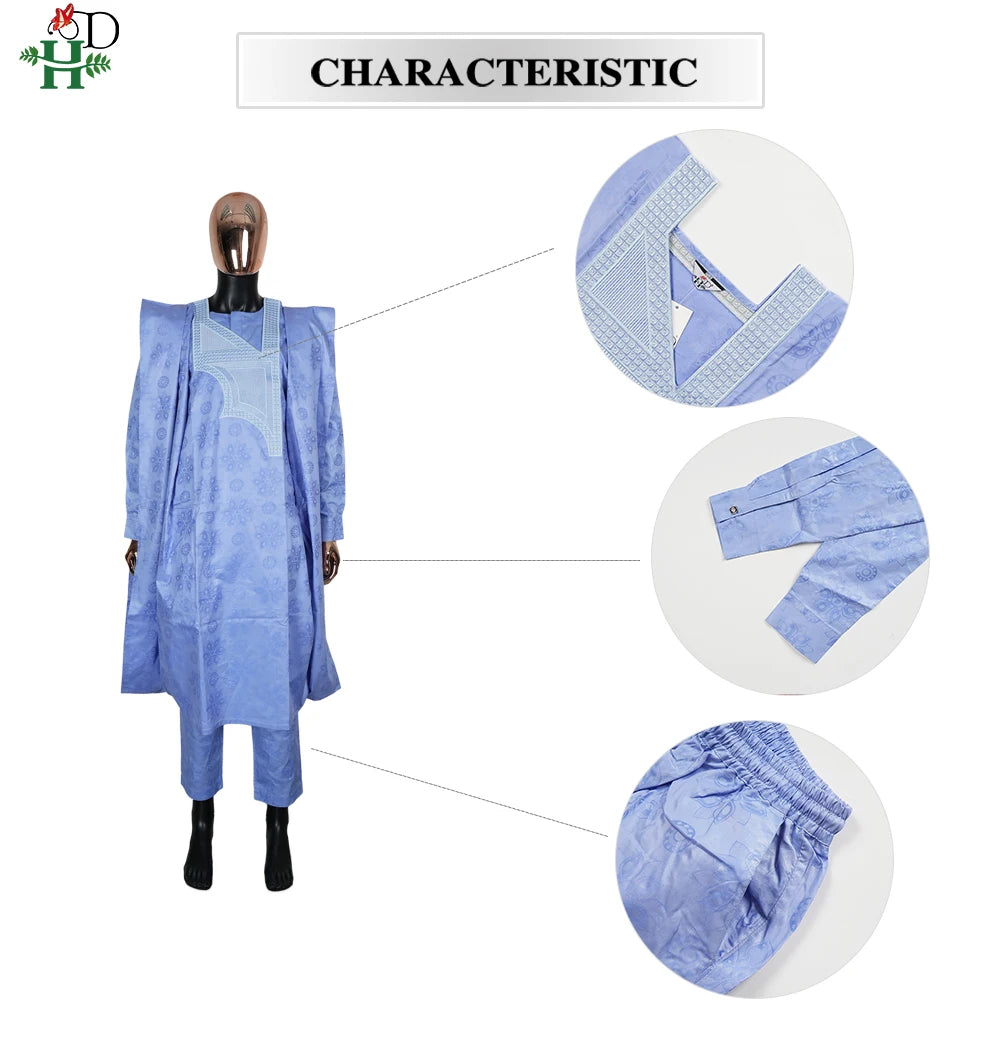 African Embroidery Blue Gown  Men Elegant Thobe 3 PC Top and Pants Suits Set