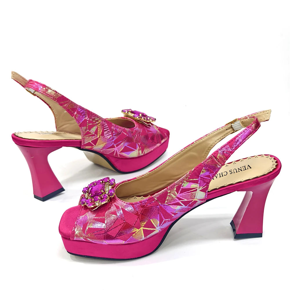 Elegant Women Heels for Peep Toe Good Material Design Rhinestone Fuchsia Sandals Italian Shoes and Bags