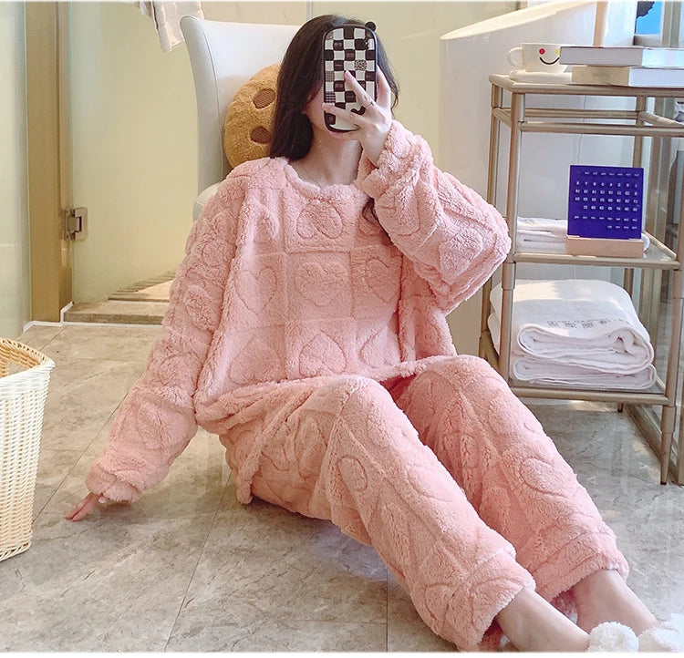 Plus Size Coral Fleece Pyjama Set | Thick Winter Sleepwear for Women | HotTrendyPicks