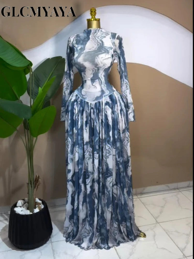 Women leaf Print patchwork smock Midi A-line Long Maxi Elegant Evening Dresses