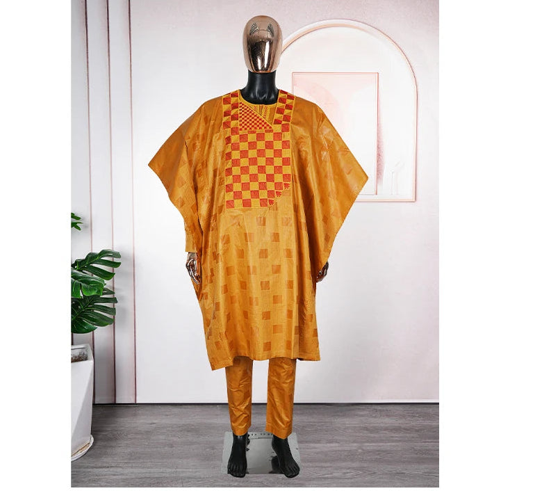 African Men's Traditional Agbada Sets 3PCS Yellow Bazin Riche Embroidery Wedding Party Couple Suits boubou