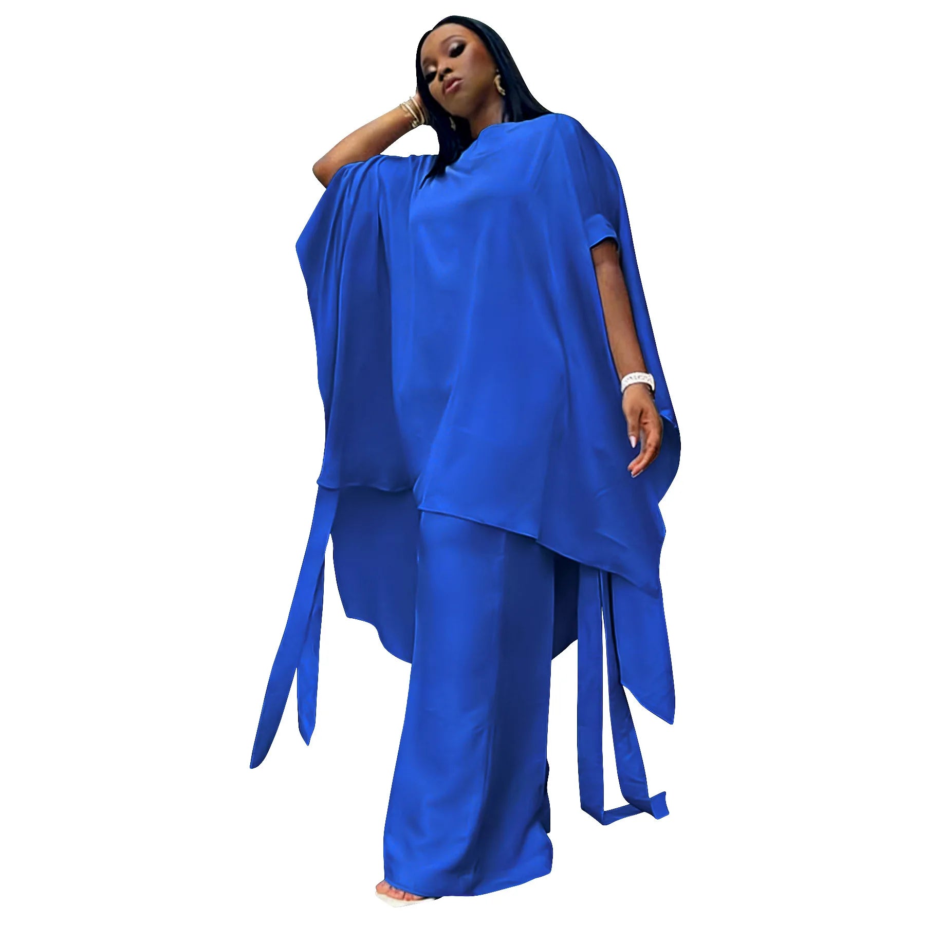 Plus Size Summer N8172 Silk Satin Set Design Shoulder Shawl Top Wide Leg Pants Outfit Elegant Street Style for Women Universa...