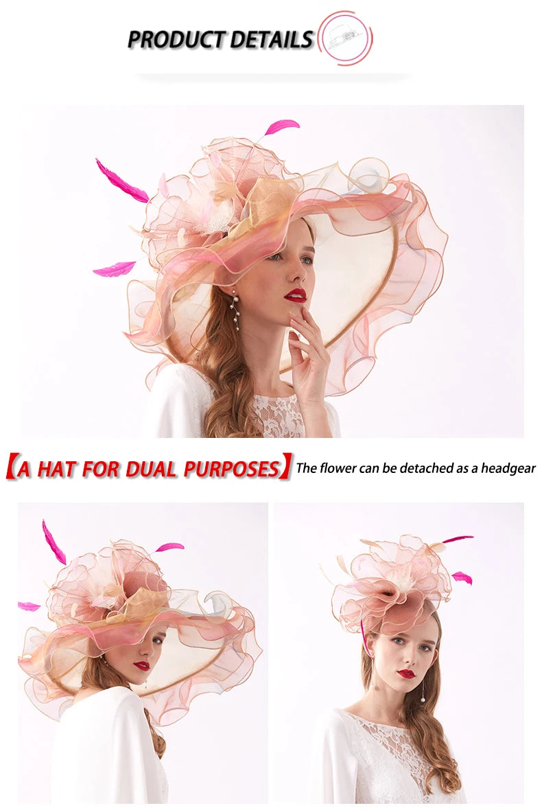 Women's Elegant Fascinators Large Wide Brim Church Hat With Big Flower
