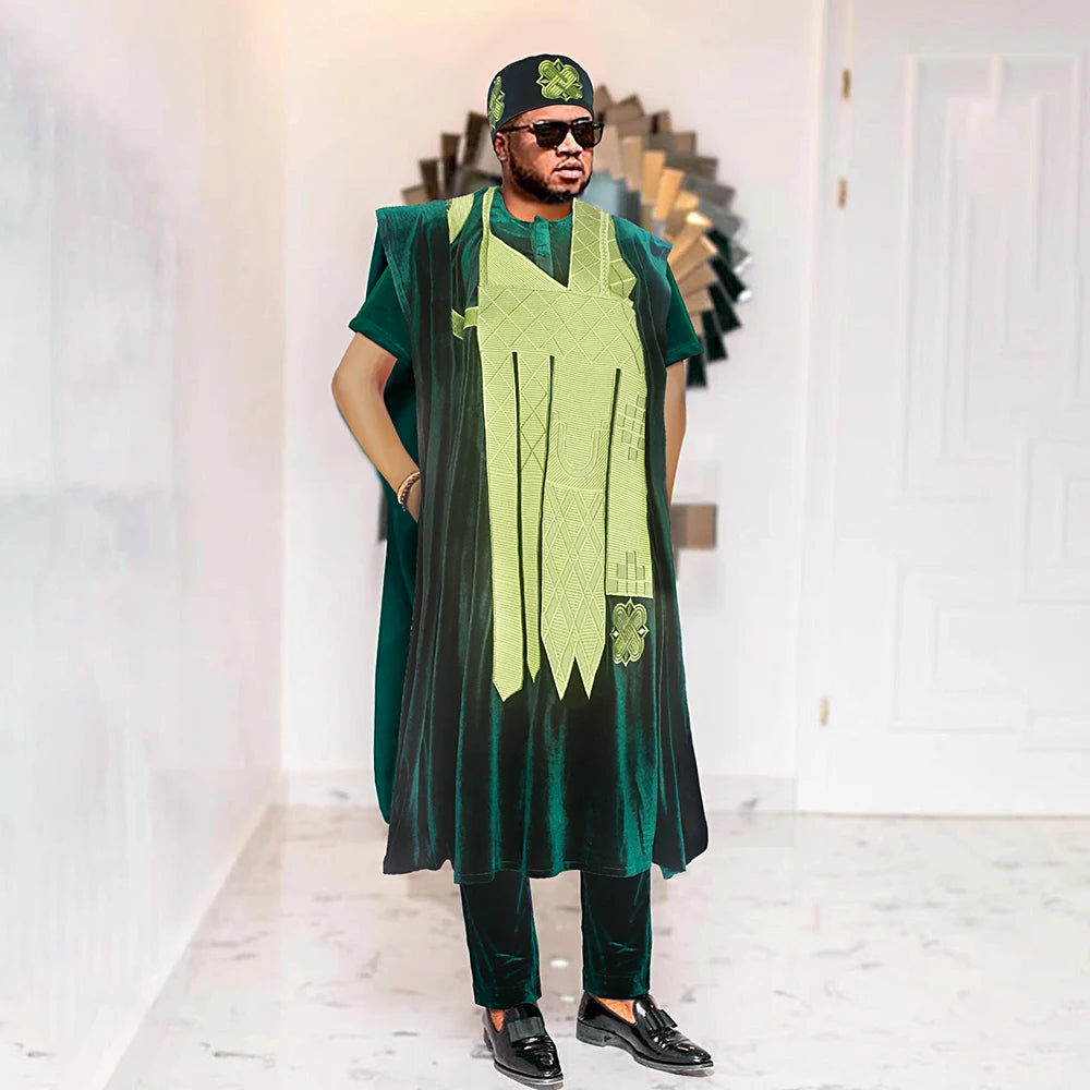 African Clothes for Men Clothing High-Quality Pink Embroidery With Hat Flannelette 3 Pcs Set