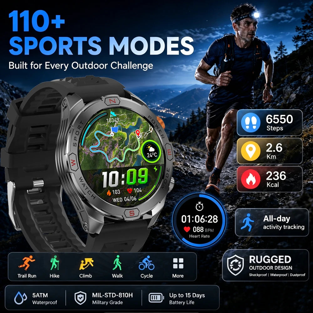 Military Grade 1200 mAh Battery Smart Watch Men LED Flashlight Outdoor Sports Fitness Tracker Compass Bluetooth Call Smartwatch