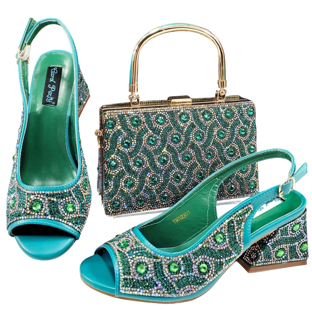 Women's Rhinestone Design Shoes and Bag Set Open Toe Comfortable Heels