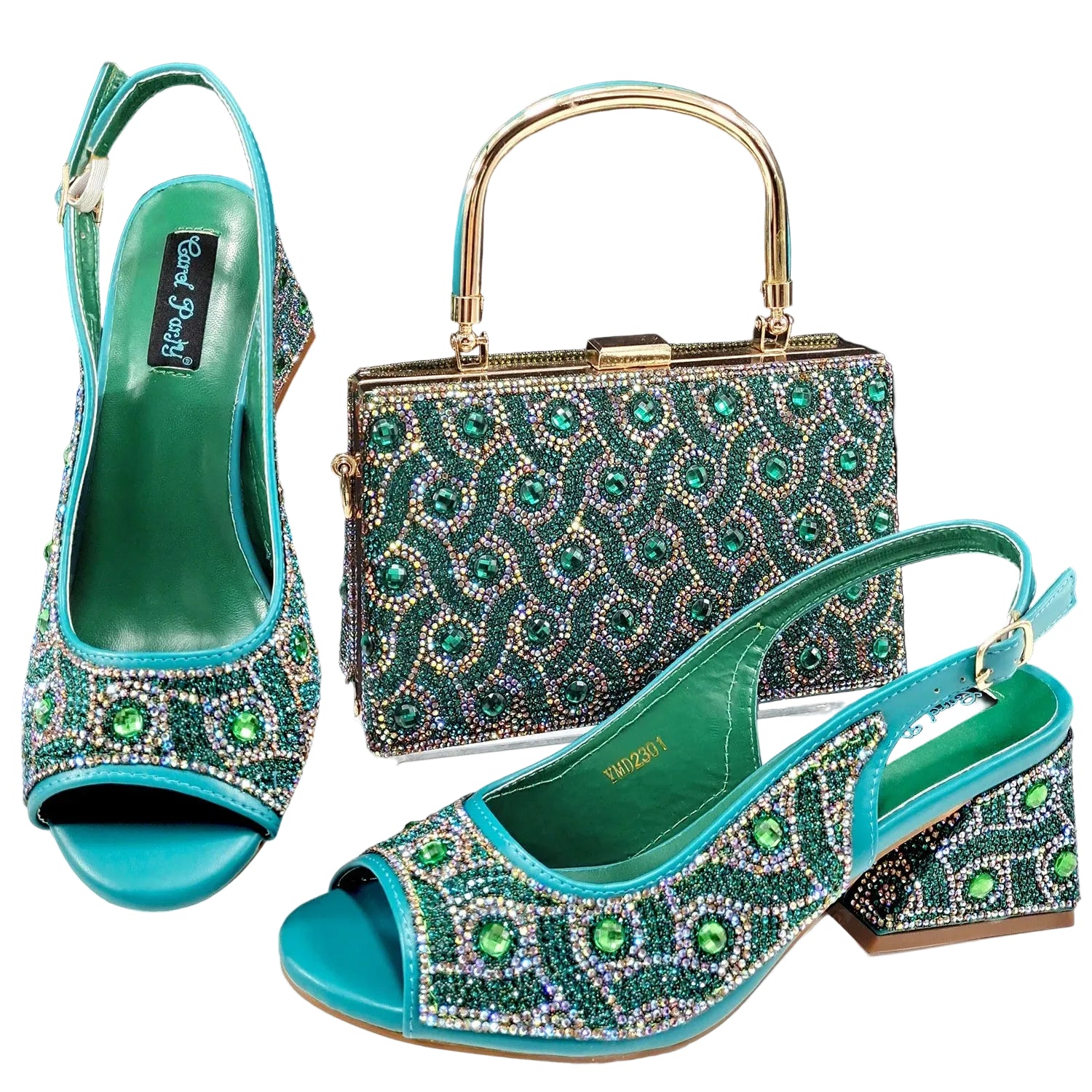 Women's Rhinestone Design Shoes and Bag Set Open Toe Comfortable Heels