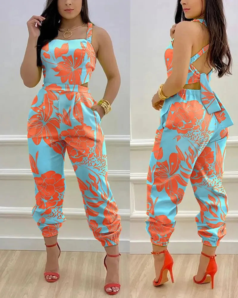 Elegant Women's jumpsuit Summer Fashion Strap Hollow Sexy Off waist Printed jumpsuit