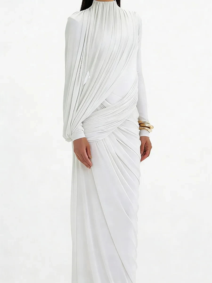Spliced Folds Irregular Women Round Neck Long Sleeves Tunic Design Sense Long Dress