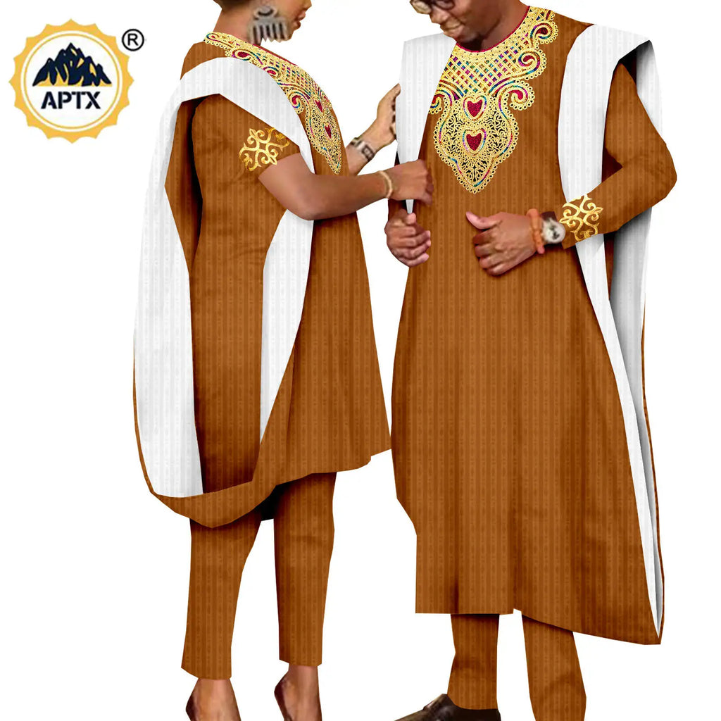 African 3 Pieces Suit for Men Matching Couple Outfits Agbada Dashiki Women Muslim Sets Bazin Riche Applique Robes Asoebi Y23C029