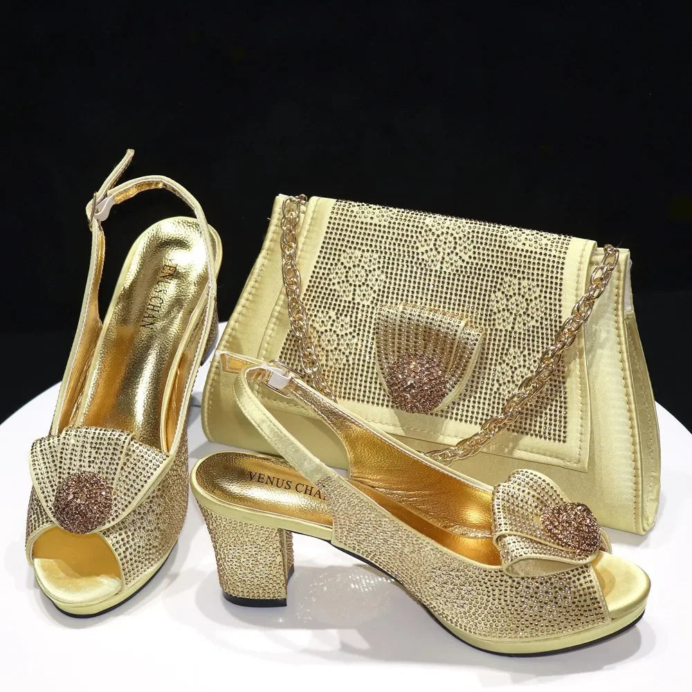 Italian Design Girly Style Golden Color Wedding Shoes And Bag Full Diamond Decoration Metal Closure Bags