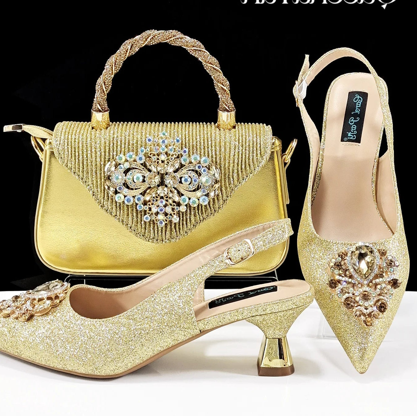Italian Design Girly Style Silver Color Pointed Toe Wedding Shoes And Bag Full Diamond Decoration Handle Bag