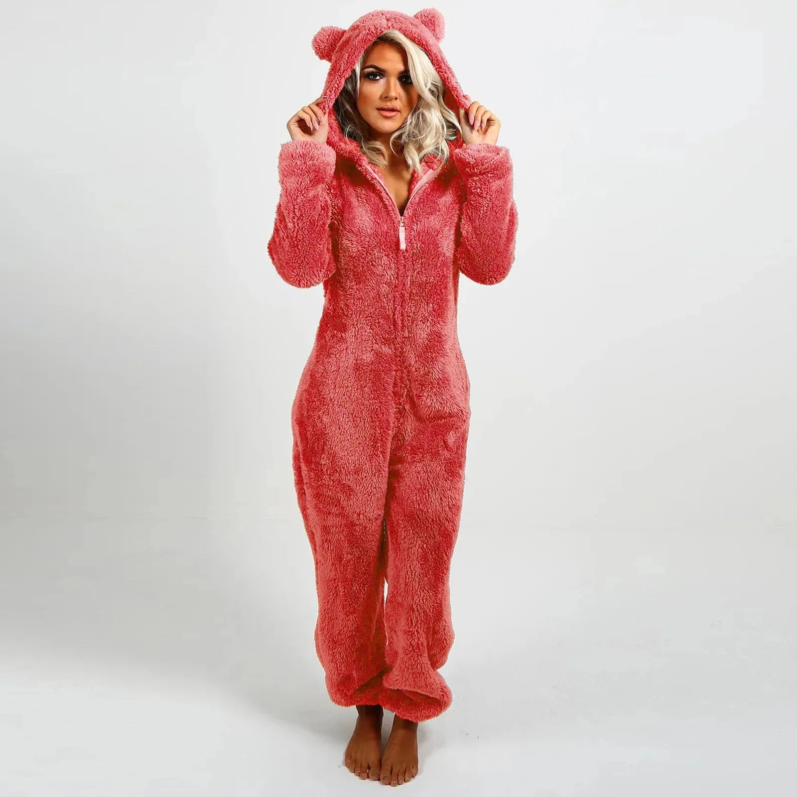 Autumn Winter Thick Fleece Women's Onesie Pajamas with Hat Casual Style Comfortable Soft Fabric