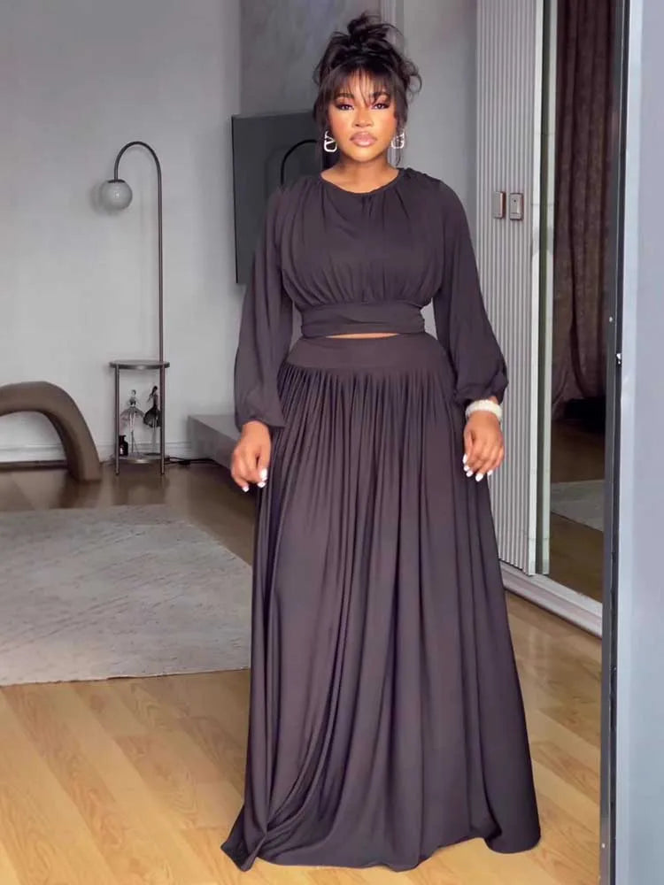 Women's Clothing Autumn 2-piece Long Sleeve Top and Long Skirt Set Casual Dress