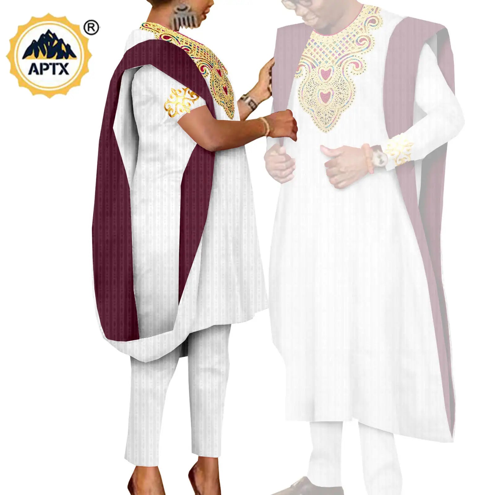 African 3 Pieces Suit for Men Matching Couple Outfits Agbada Dashiki Women Muslim Sets Bazin Riche Applique Robes Asoebi Y23C029