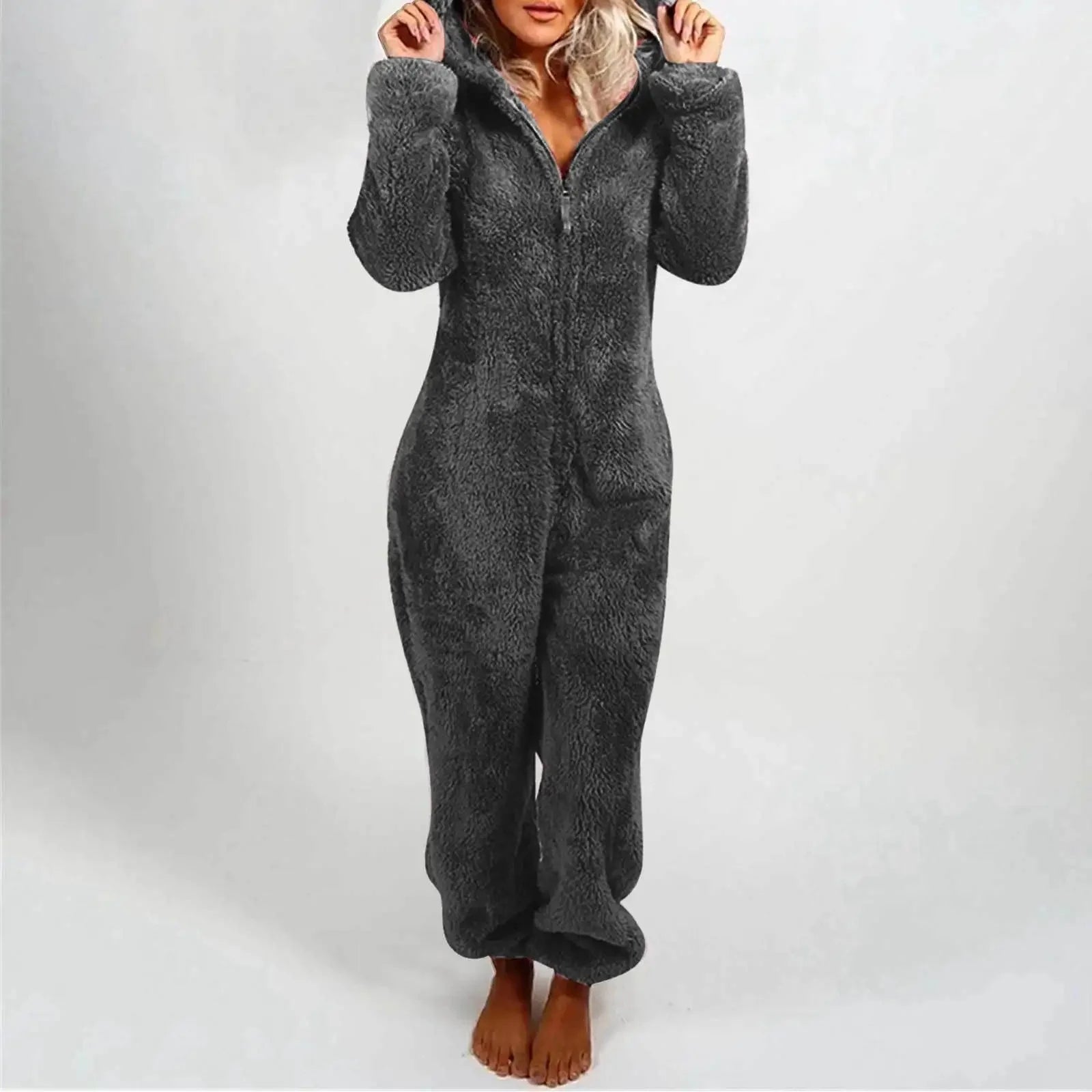 Autumn Winter Thick Fleece Women's Onesie Pajamas with Hat Casual Style Comfortable Soft Fabric