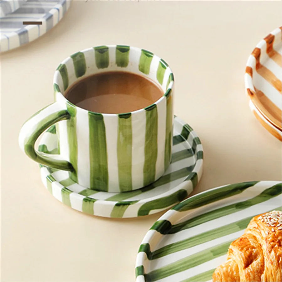 Minimalist Striped Ceramic Cup & Plate Set | 280ml Coffee Tea Cup |
