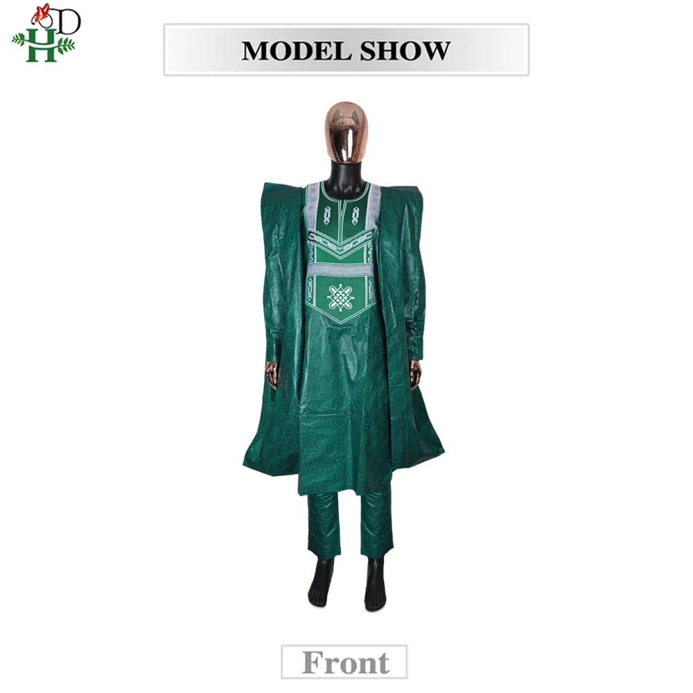 Men African Traditional Embroidery Wear Formal Attire Bazin Riche Dashiki Outfits Shirt Pants 3PCS Robe Suit African Ramadan