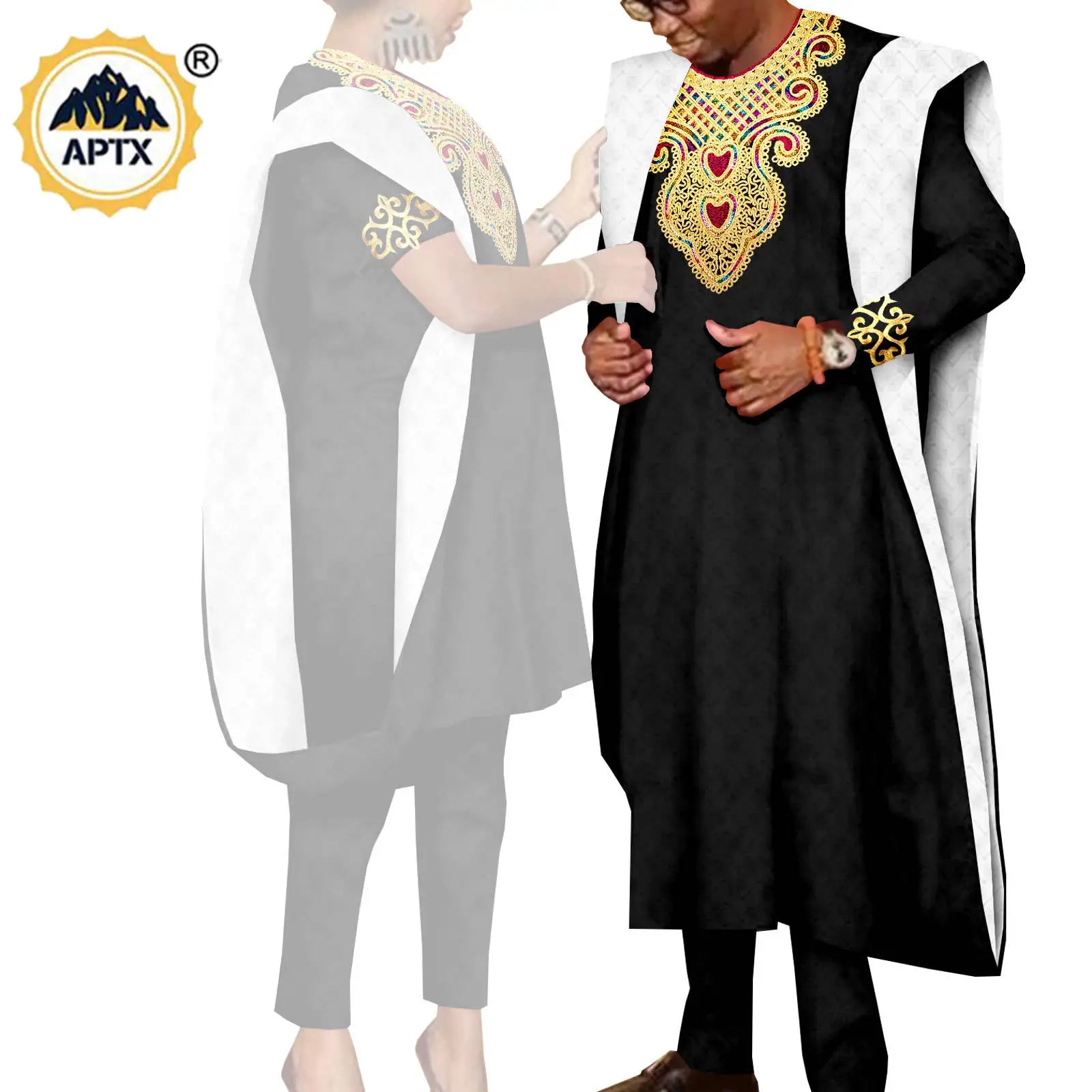 African 3 Pieces Suit for Men Matching Couple Outfits Agbada Dashiki Women Muslim Sets Bazin Riche Applique Robes Asoebi Y23C029