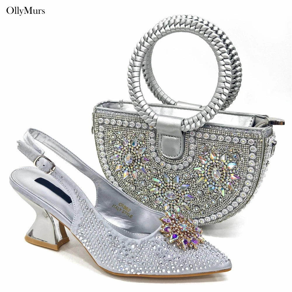 Italian Fashion Rhinestone Women Sanada Shoes And Bag Set Summer Style Woman Pumps Shoes And Bag Matching Set For Party