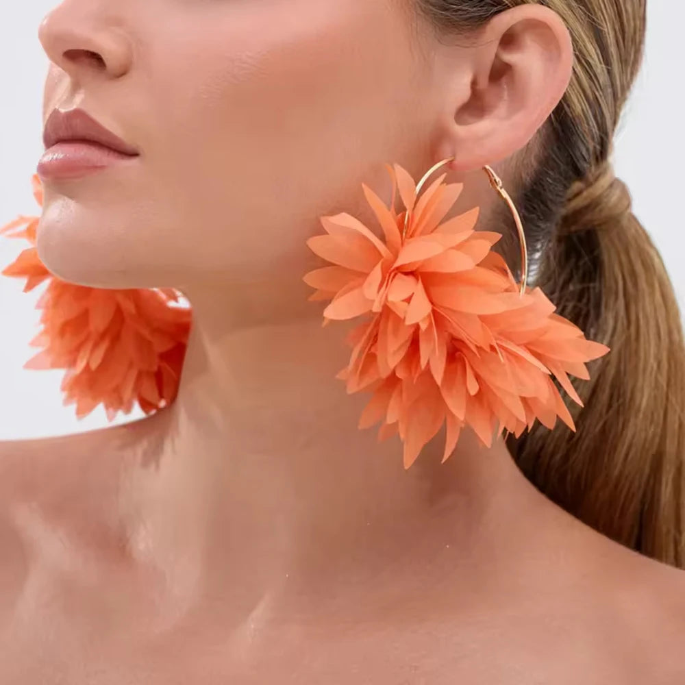 Fashion Orange Fabric Flower Hoop Earrings Women Party Accessories Elegant Bohemian Large Round Earrings SummerJewerlry Gift