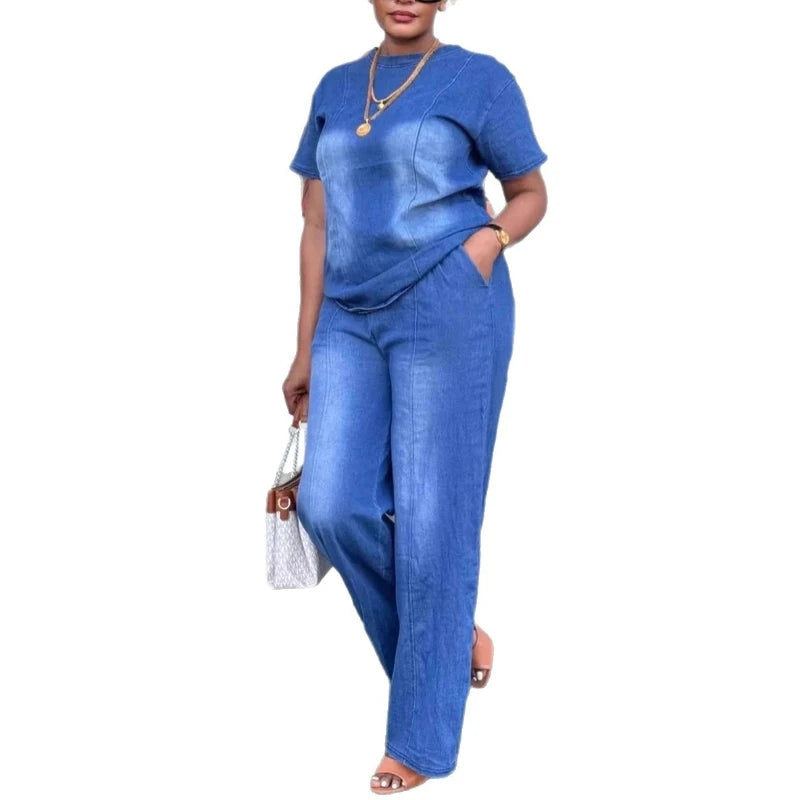 Women's Denim 2-Piece Set | Wide Leg Pants & Short Sleeve Top Streetwear | HotTrendyPicks