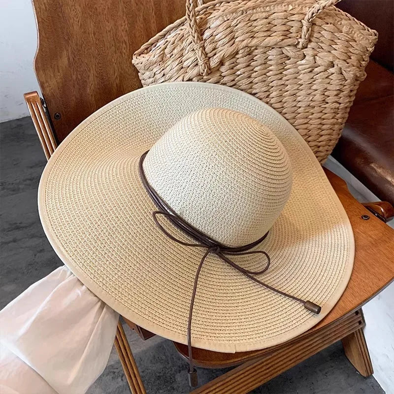 Fashion Women Straw Sun Hat Summer Wide Brim UV Protection Panama Hat with Belt Strap Outdoor Beach Vacation Travel Accessories