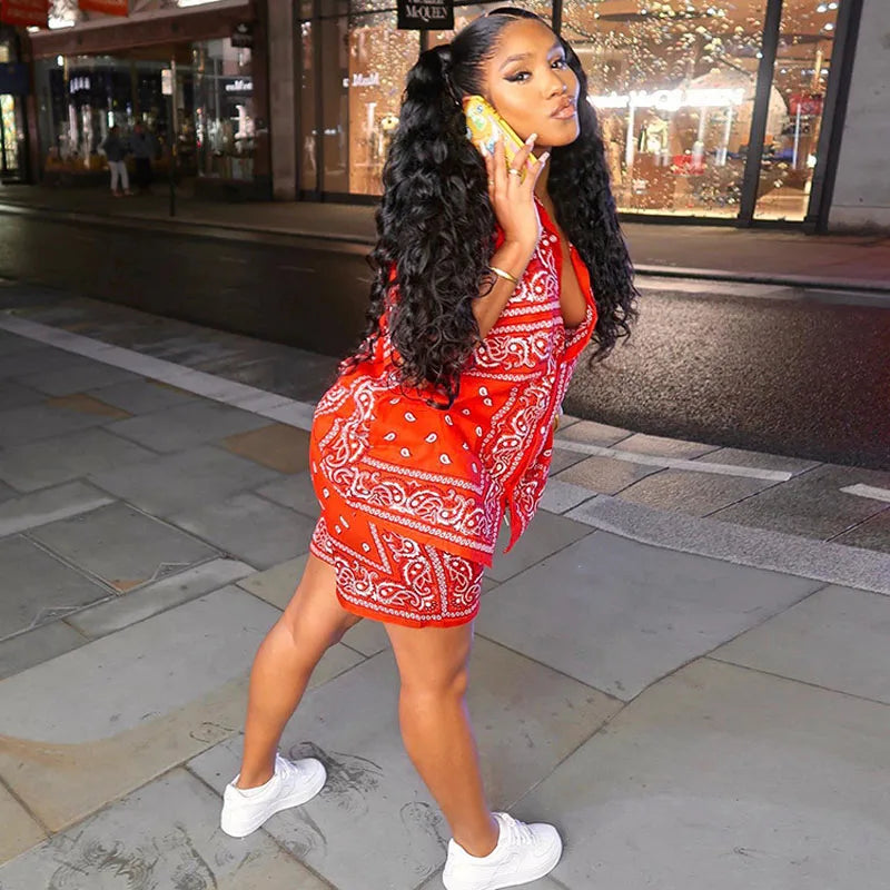 Fashion Paisley Bandana Print 2 Two Piece Sets Women Tracksuit Short Sleeve Shirt + Shorts Sets Female Outfits Matching
