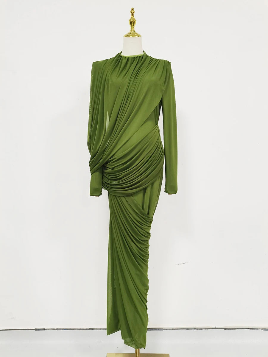 Women's Elegant Vintage Spliced Ribbon Turtleneck Long Sleeve Evening Maxi Dress