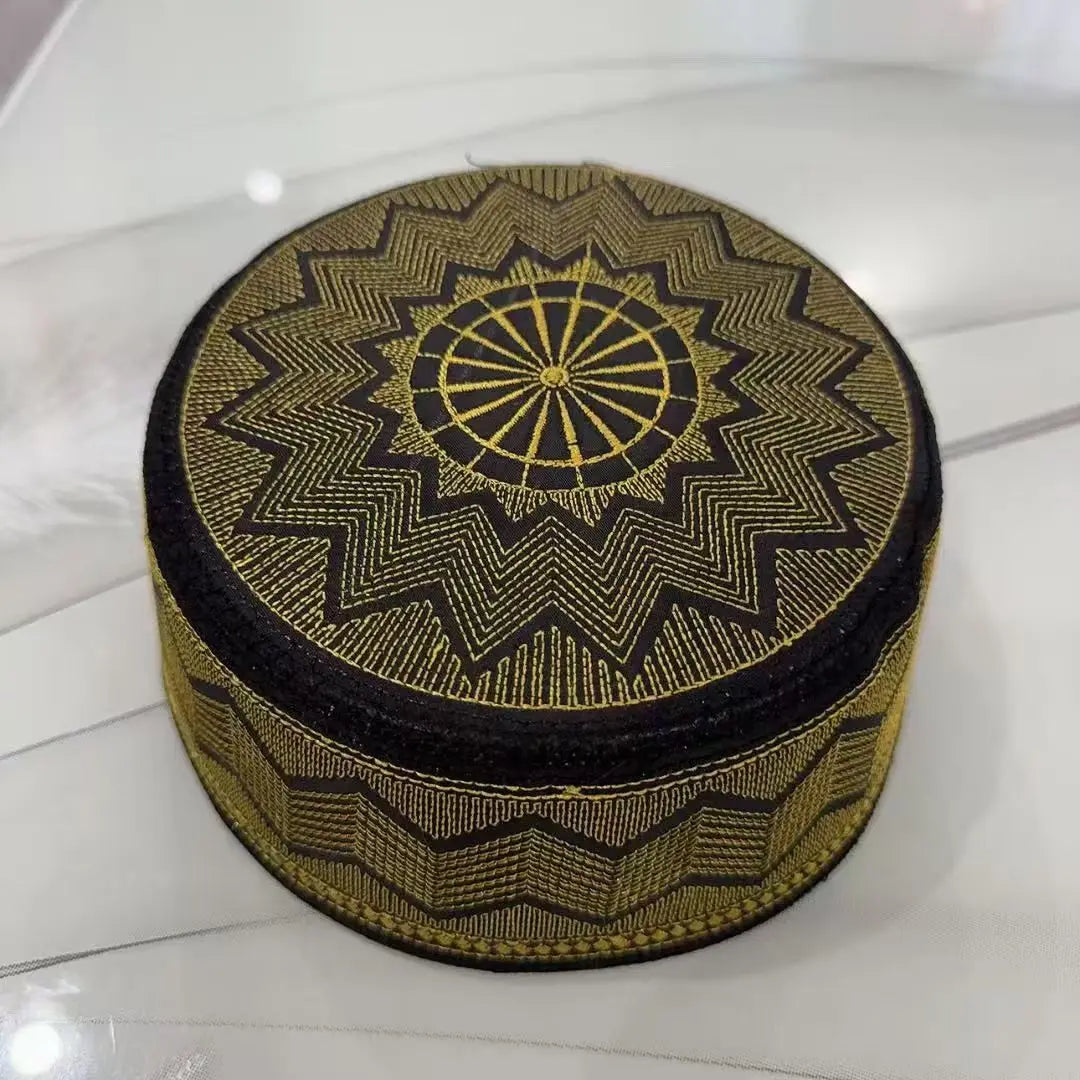 Men's Muslim Embroidery Cap | Islamic Gold Turban Bonnet | Eid Ramadan Prayer Hat