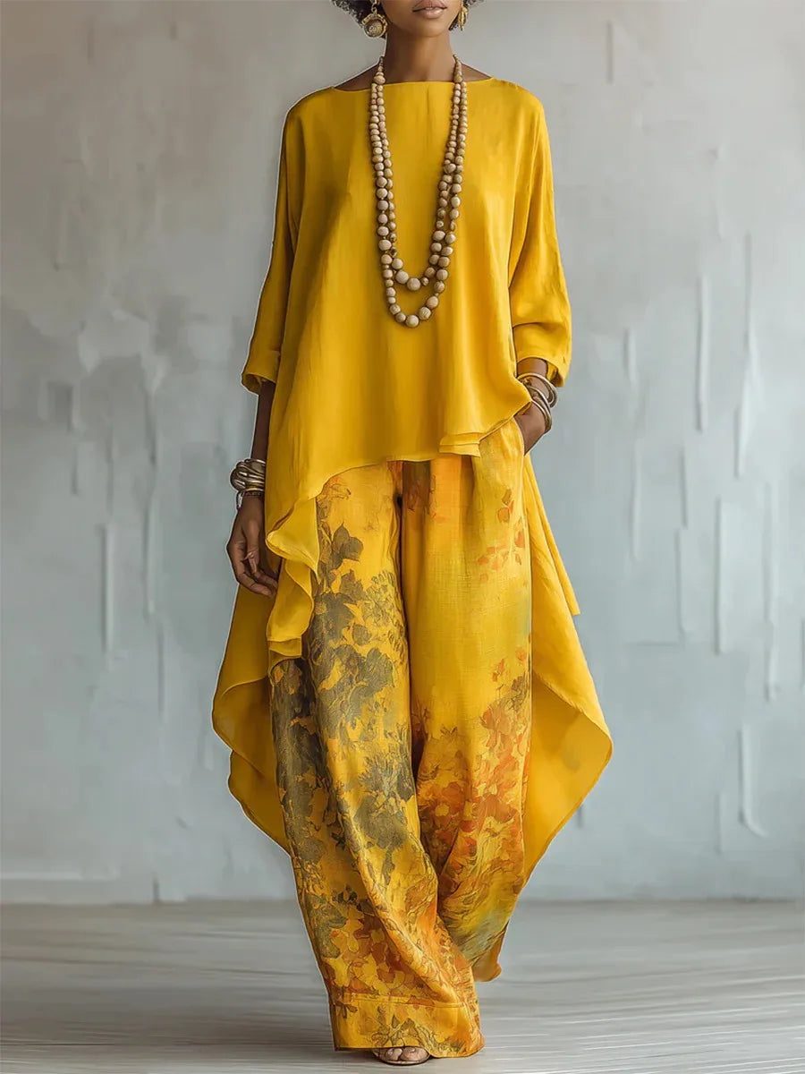 Casual Two Piece Set Loose O-neck 3/4 Sleeve Irregular Solid Color Extended Top Printed Wide Leg Pants Suit Fashion Commuting
