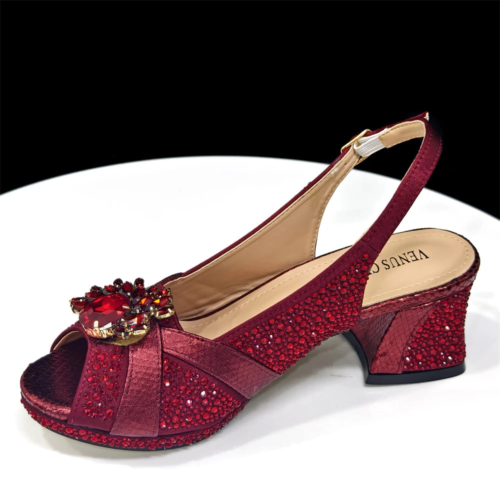 Elegant Women's Peep-Toe Heels and Matching Wine Color Diamond Pumps Set - Stylish Italian Shoes and Bags for Parties